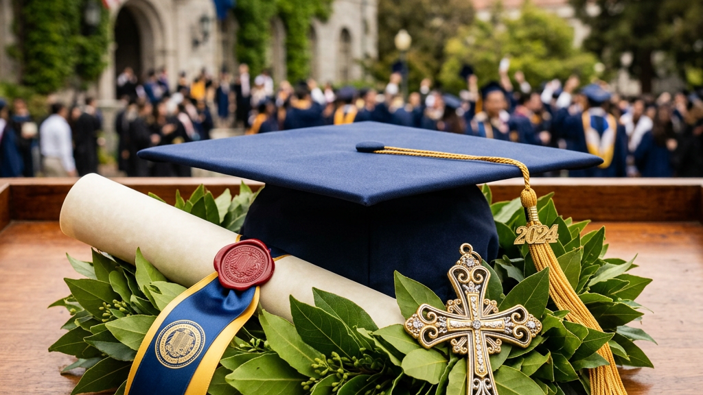 Graduation cap with 2024 tassel, rolled diploma with seal, laurel wreath, and decorative cross on wooden table